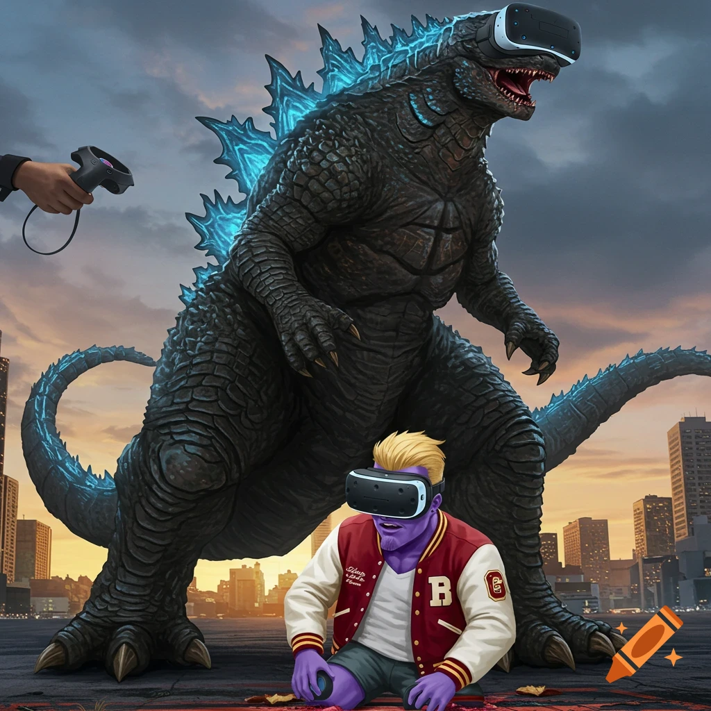 Godzilla and a purple character wear VR headsets in a city.