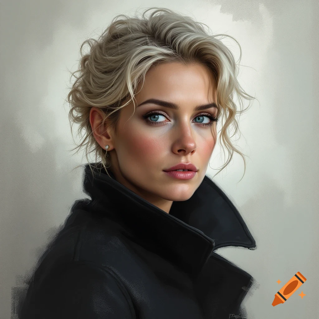 A portrait of a blonde woman looking over her shoulder, wearing a black coat.