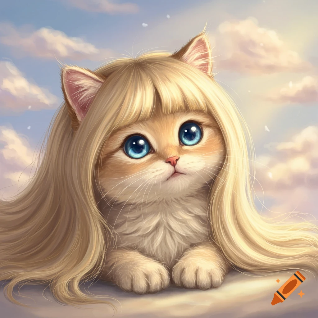 A cute kitten with blonde hair and bangs looking up at a cloudy sky.