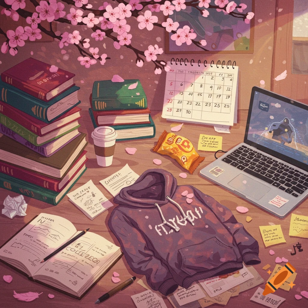 A desk cluttered with books, notes, a laptop, snacks, and a hoodie, under flowering cherry blossom branches.