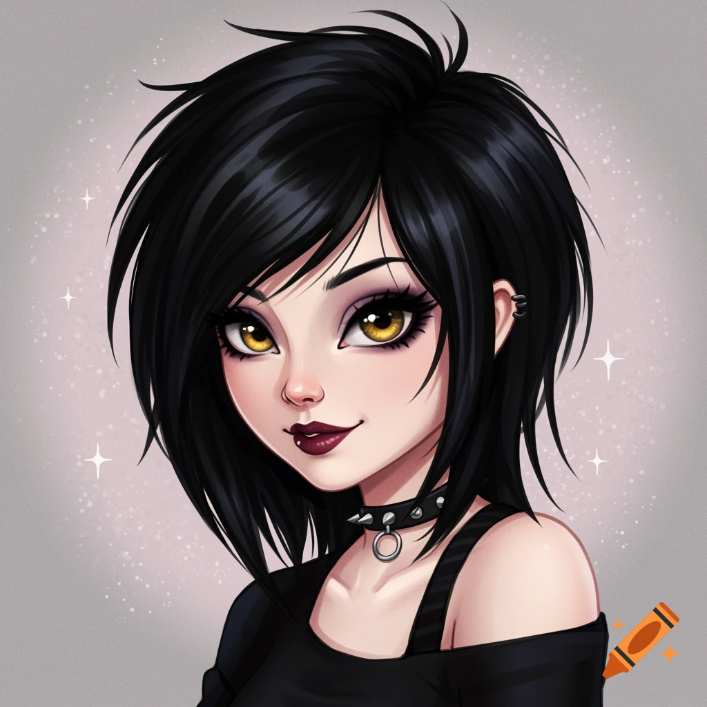Anime style portrait of a girl with black hair and yellow eyes wearing gothic clothing.