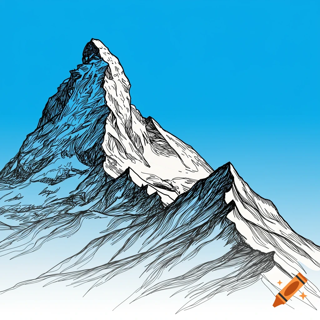 Line art drawing of snow-capped mountains against a blue sky.