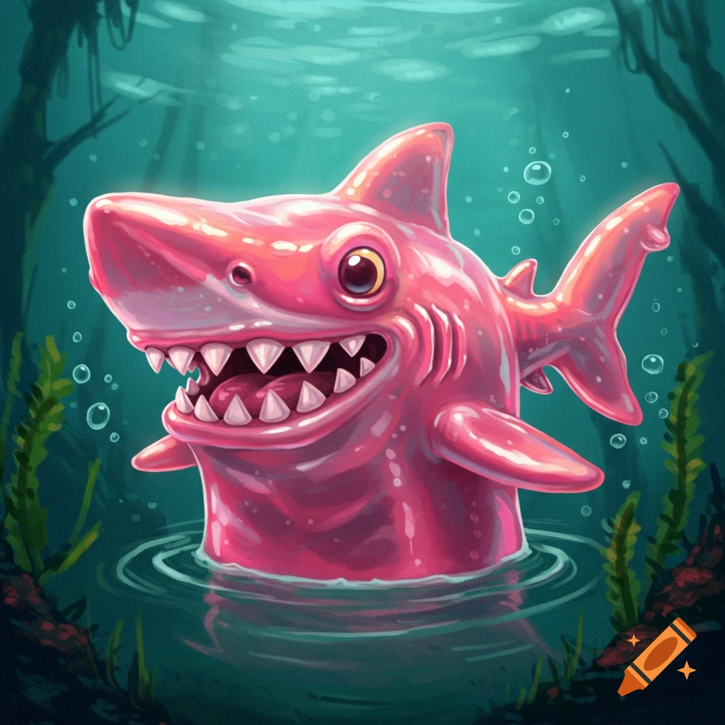 A pink cartoon gummy shark is emerging from the water