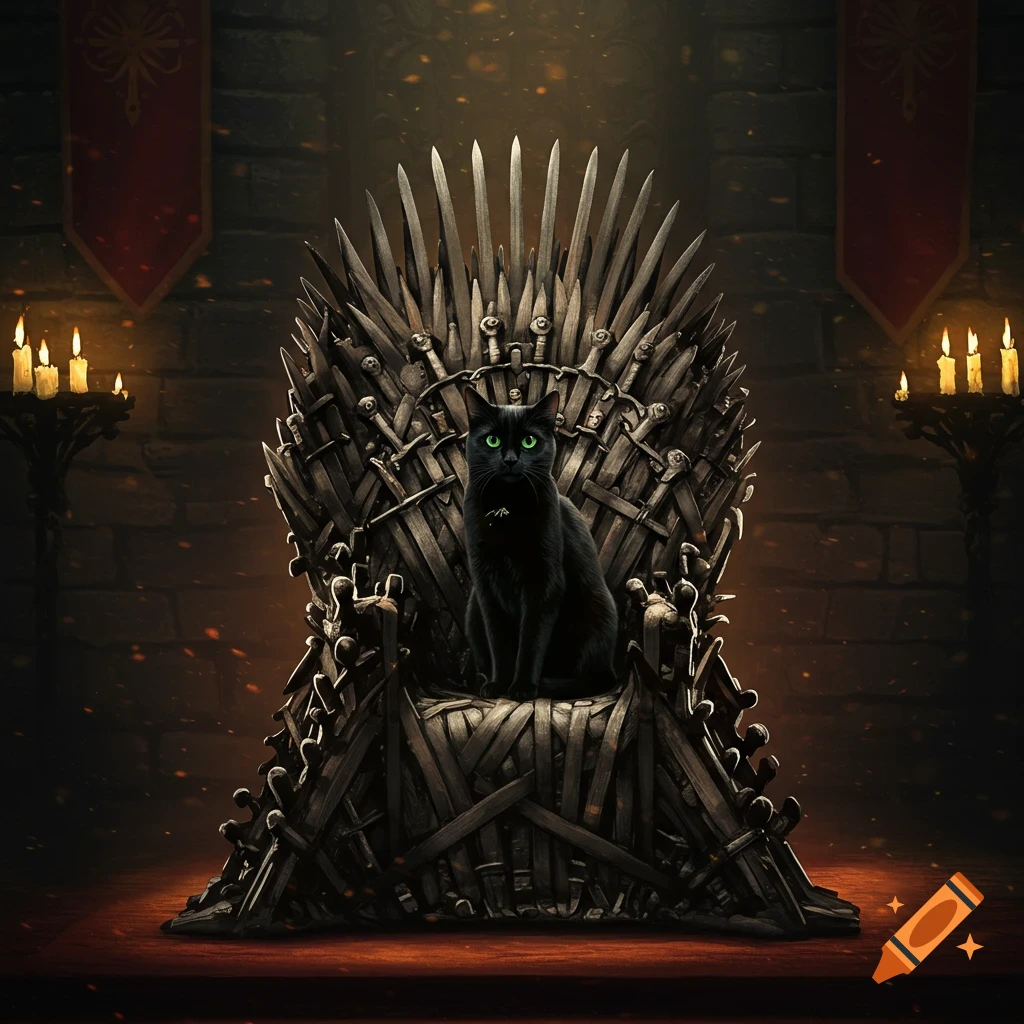 A black cat sits on the Iron Throne.