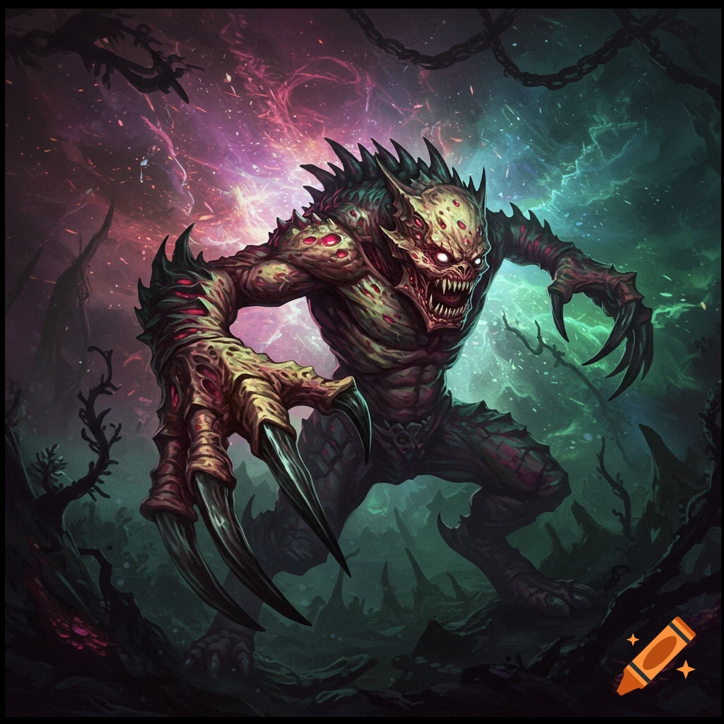 A fearsome monster with large claws and red eyes stands in a dark, otherworldly landscape with chains and glowing energy.