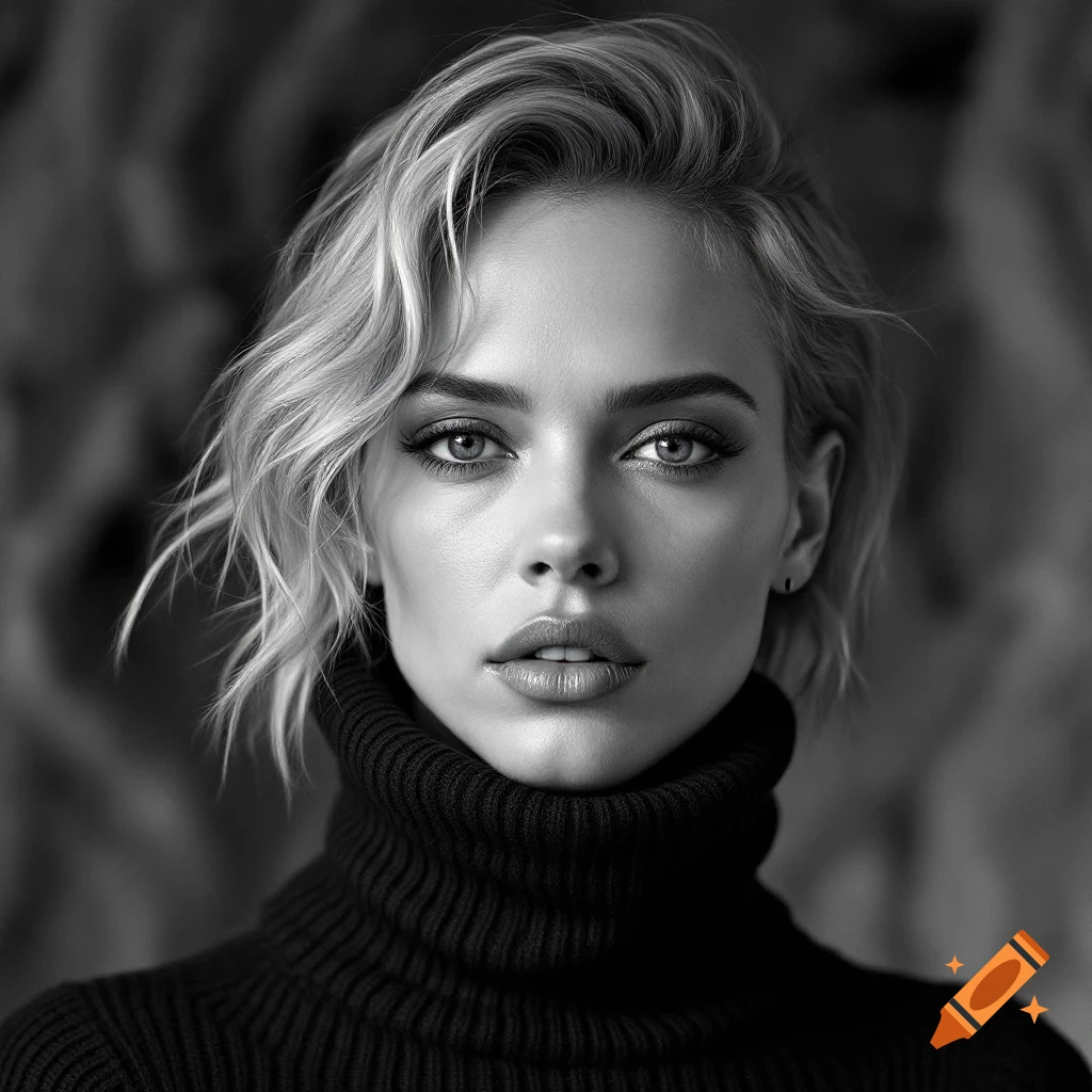 Black and white portrait of a woman wearing a turtleneck sweater.