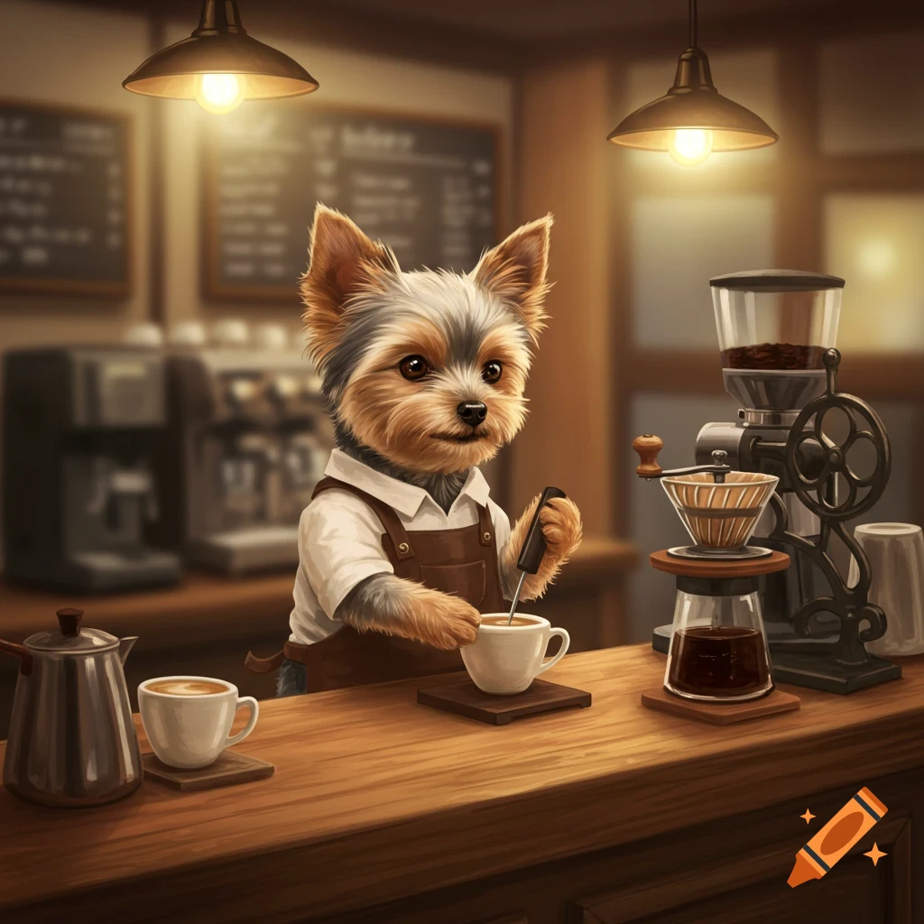A Yorkshire terrier barista is making coffee in a coffee shop.