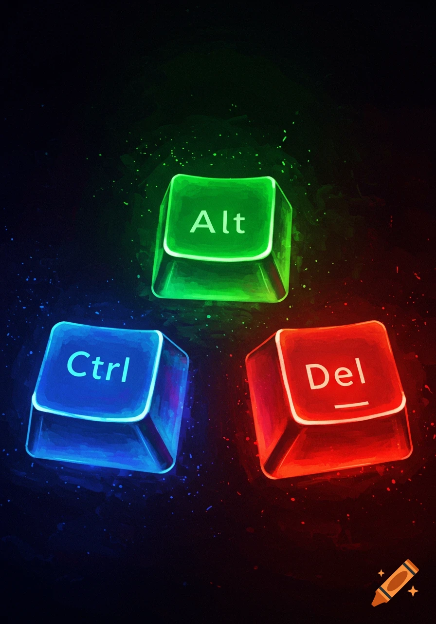 Three glowing computer keys: Ctrl, Alt, and Del, on a dark background with digital art style.