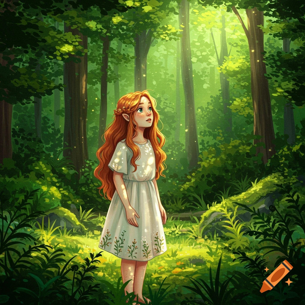 A young elf girl with long auburn hair in a white dress, standing in a sunlit forest, looking up.