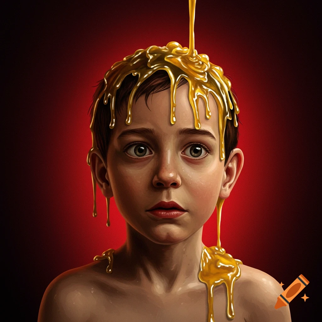 A young boy with golden liquid pouring over his head.