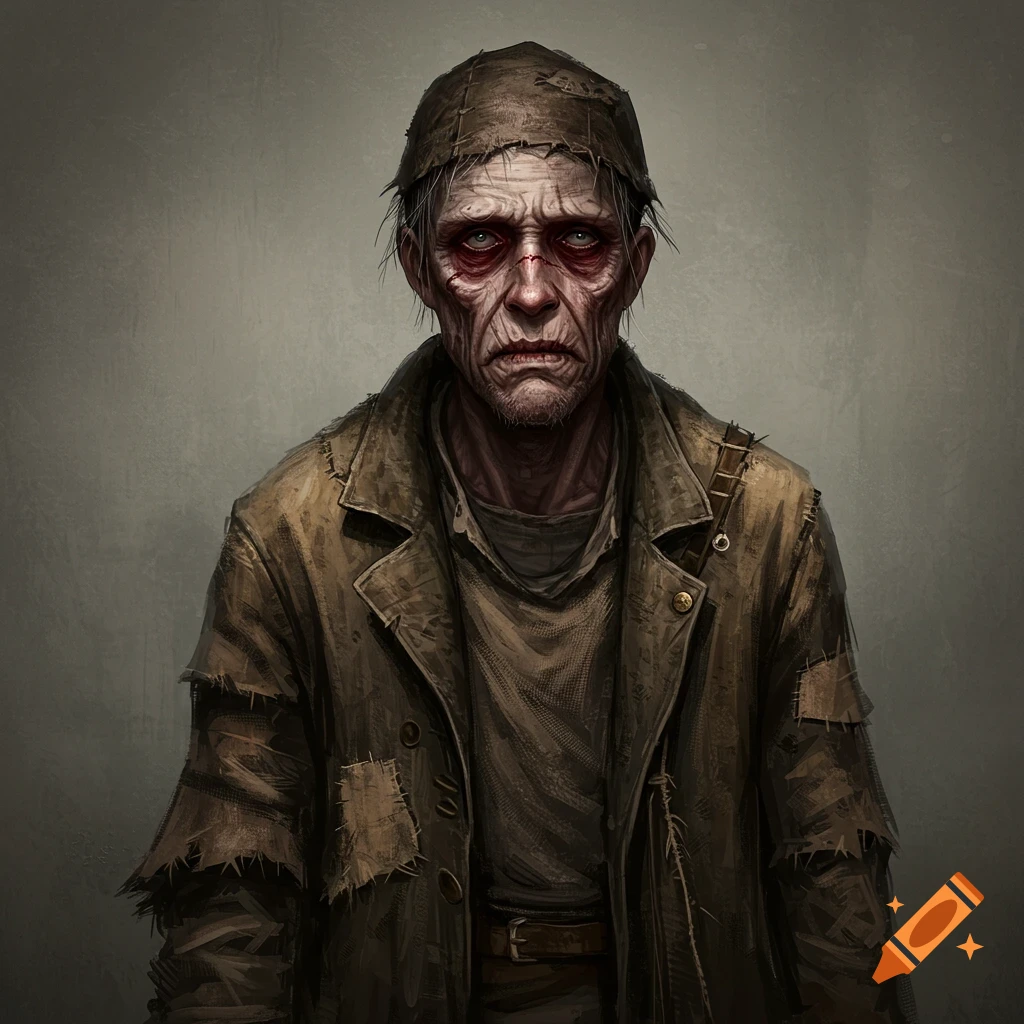 A gaunt man with red eyes and ragged clothes.