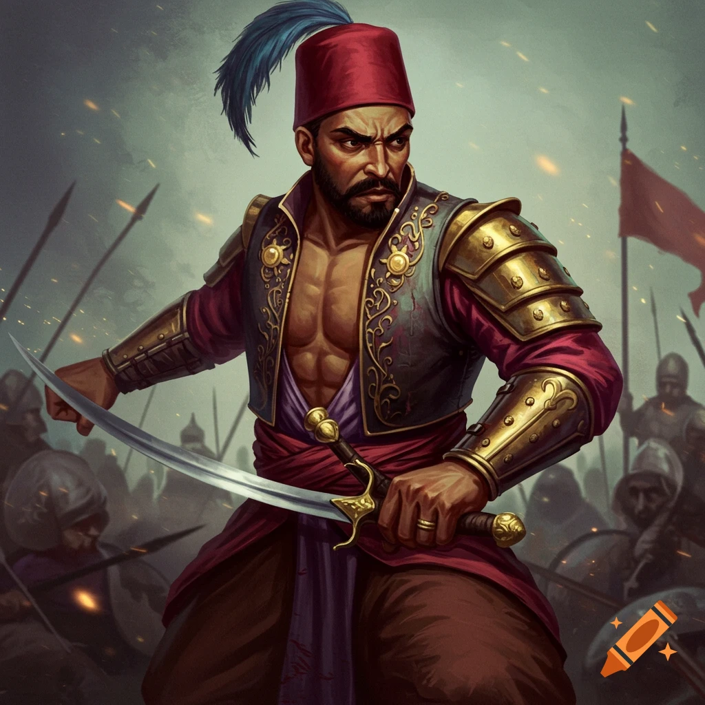 A warrior in historical attire holds a sword, with soldiers visible in the background.
