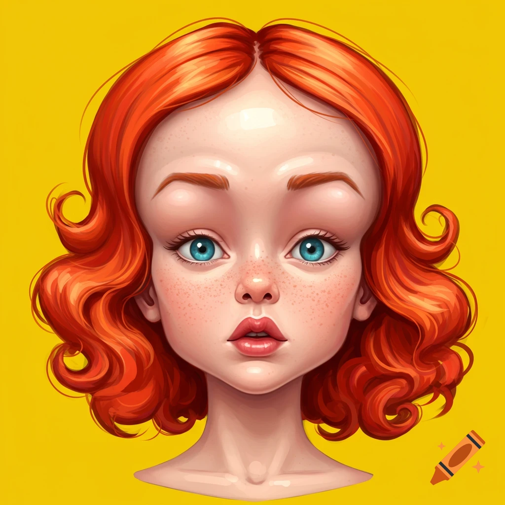 A stylized image of a red-haired girl with a large forehead and blue eyes on a yellow background.