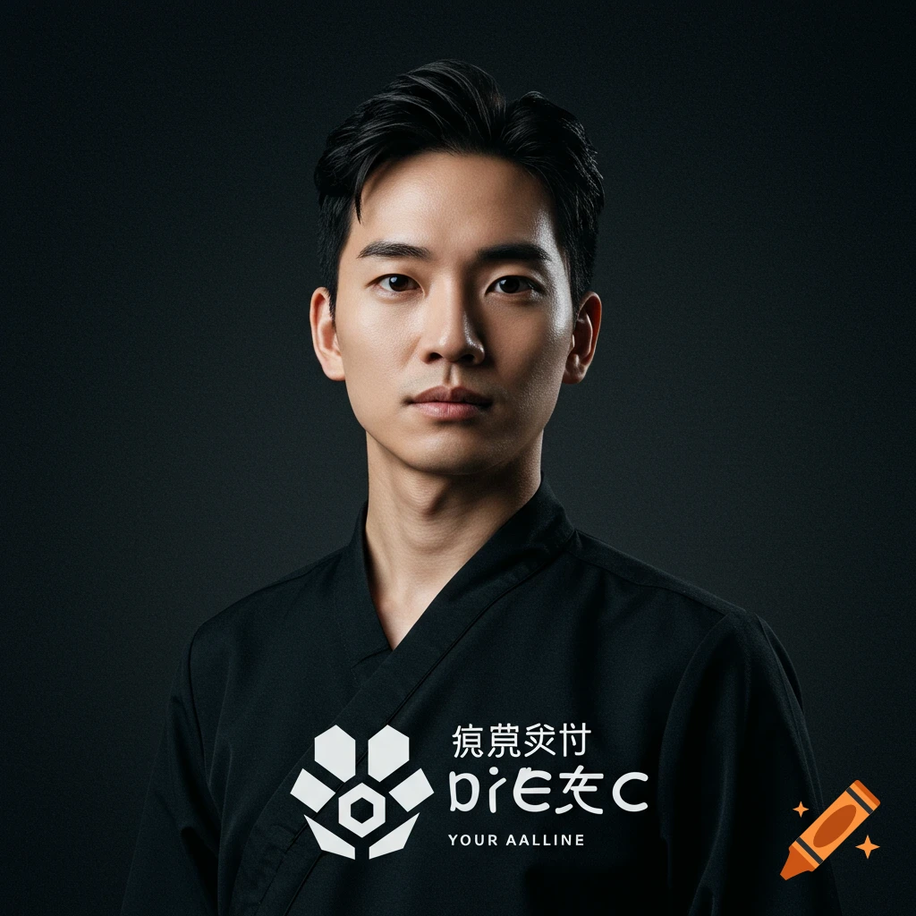 A portrait of a man wearing a black outfit with a white logo and text.