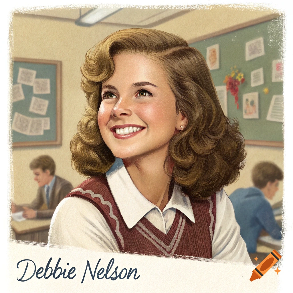 Vintage illustration of a smiling young woman in a classroom, labeled 'Debbie Nelson'.