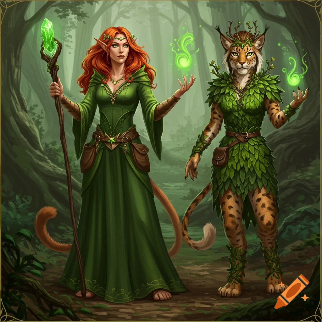 An elf sorceress and a feline nature creature in a forest.