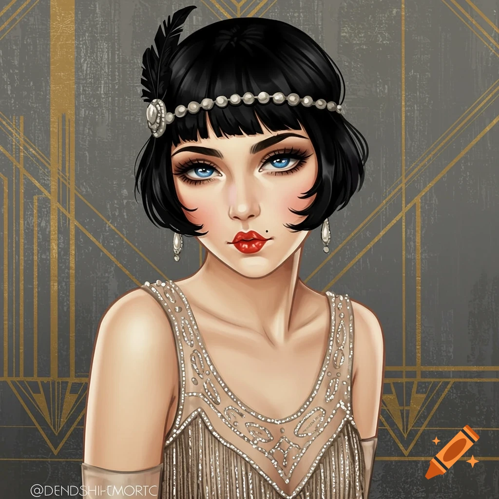A woman in 1920s flapper attire with bobbed hair, a headband, and a beaded dress, against an art deco background.