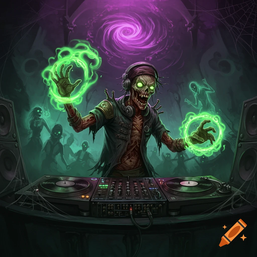 A zombie DJ wears headphones and scratches records in a spooky club, casting green magic spells. Ghostly figures surround the DJ.