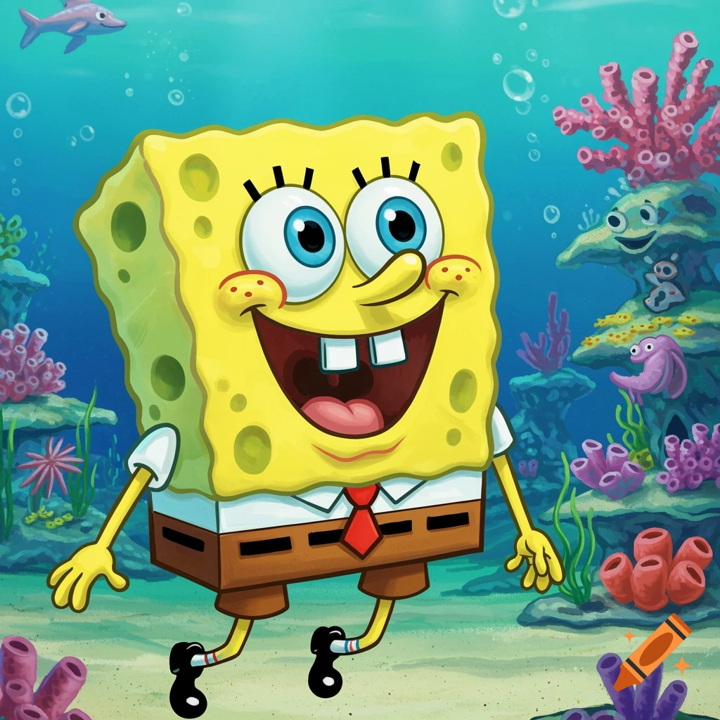 SpongeBob SquarePants underwater with fish and coral reef in cartoon style