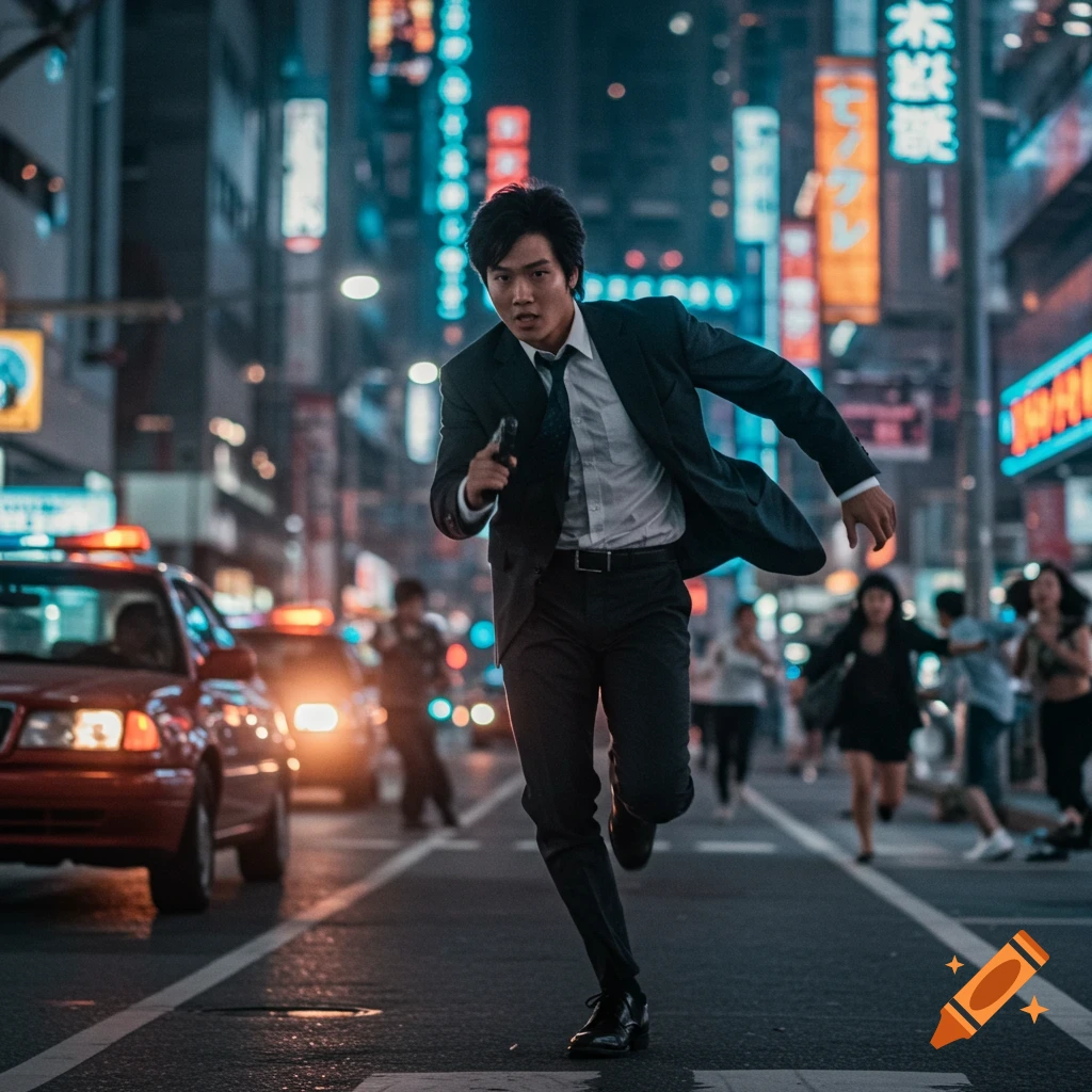A man in a suit runs down a neon-lit city street at night.