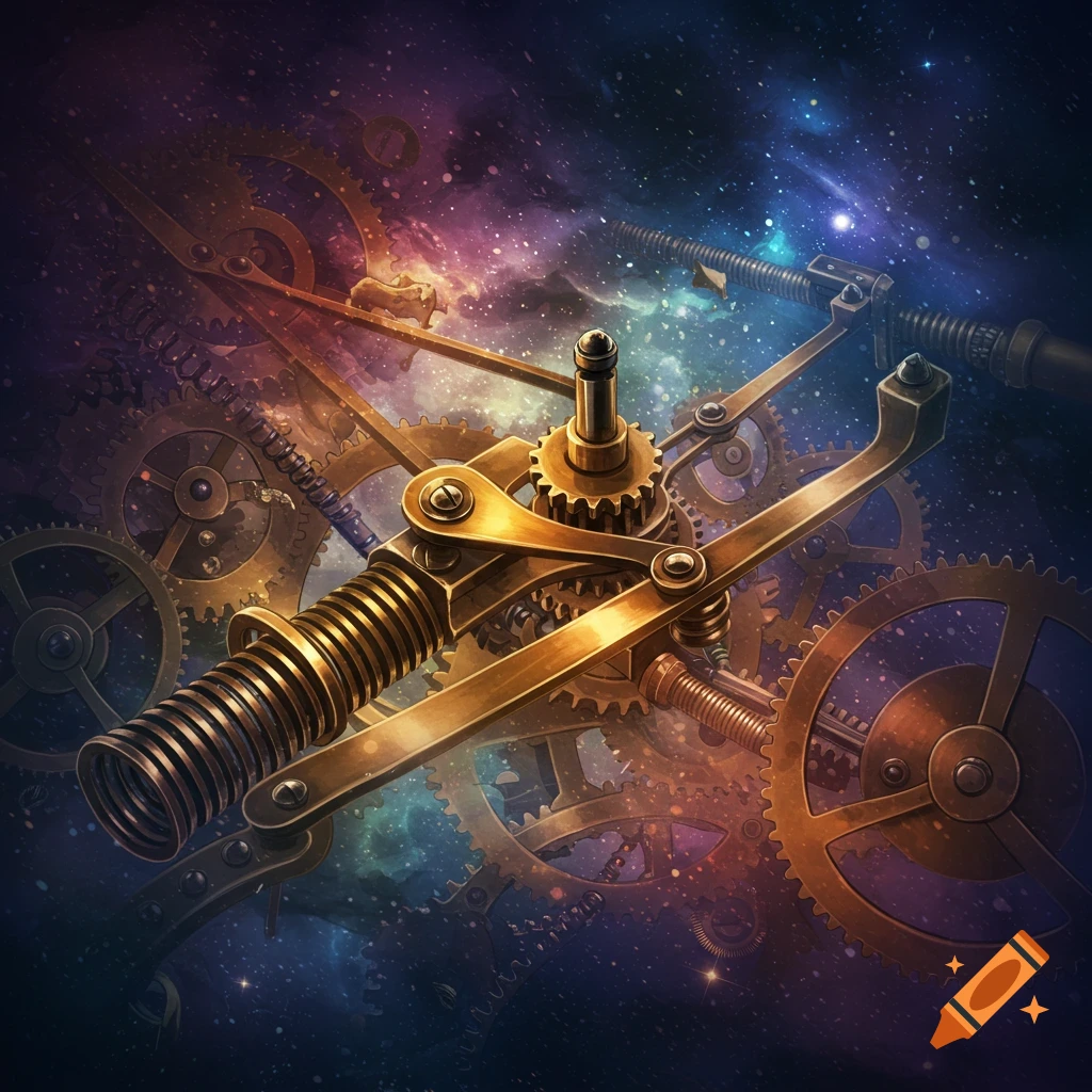 Intricate golden steampunk clockwork gears and mechanisms against a starry space background.