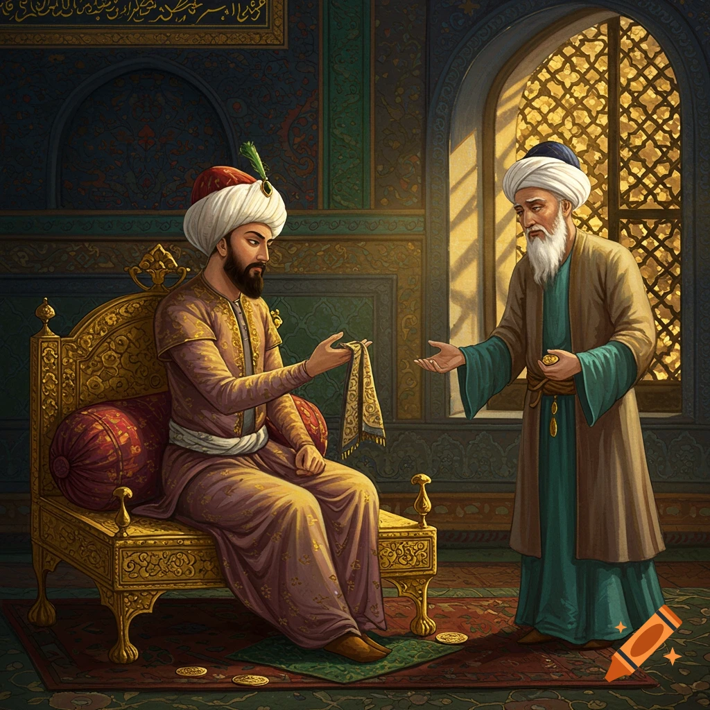 A seated man in historical attire gives a gift to another man in an ornate room.