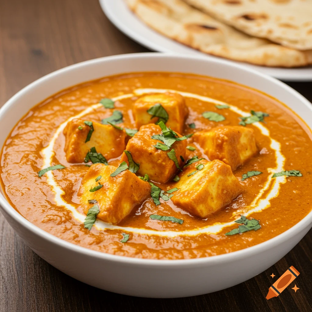 A bowl of Paneer Tikka Masala with naan bread