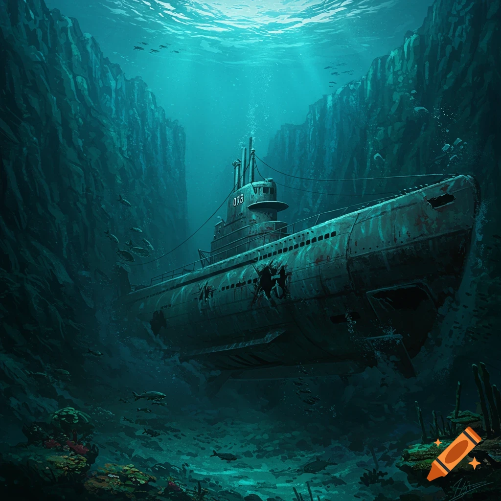 A damaged submarine rests in a deep underwater canyon with fish.