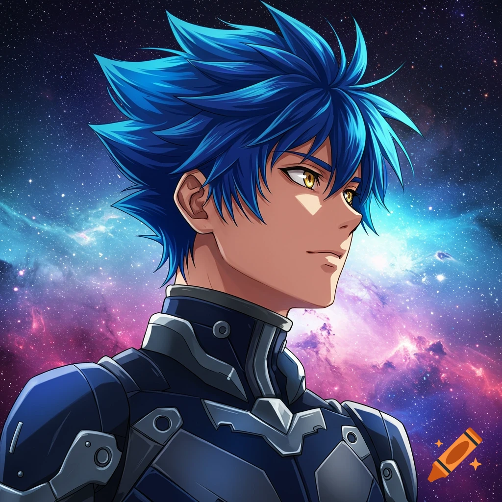 Anime portrait of a blue-haired man in a sci-fi suit against a galaxy background