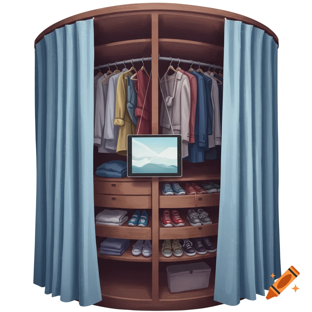 A round wooden closet with blue curtains, clothes on hangers, shoes on shelves, and a tablet screen.