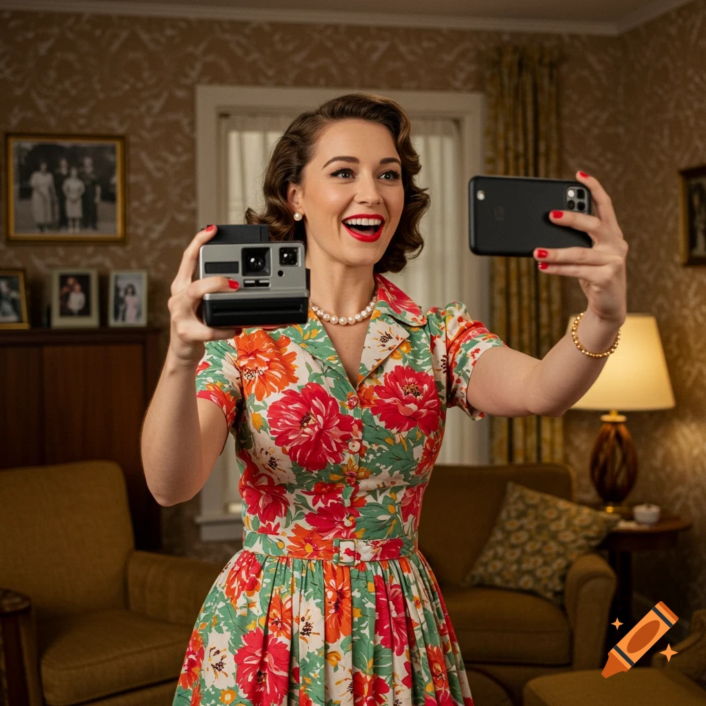 Woman in 1950s dress takes a selfie with a Polaroid and smartphone.