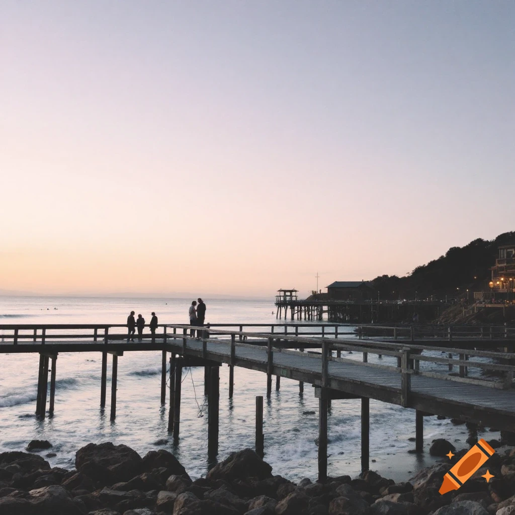 A group of people stand on a pier by the ocean during sunset.