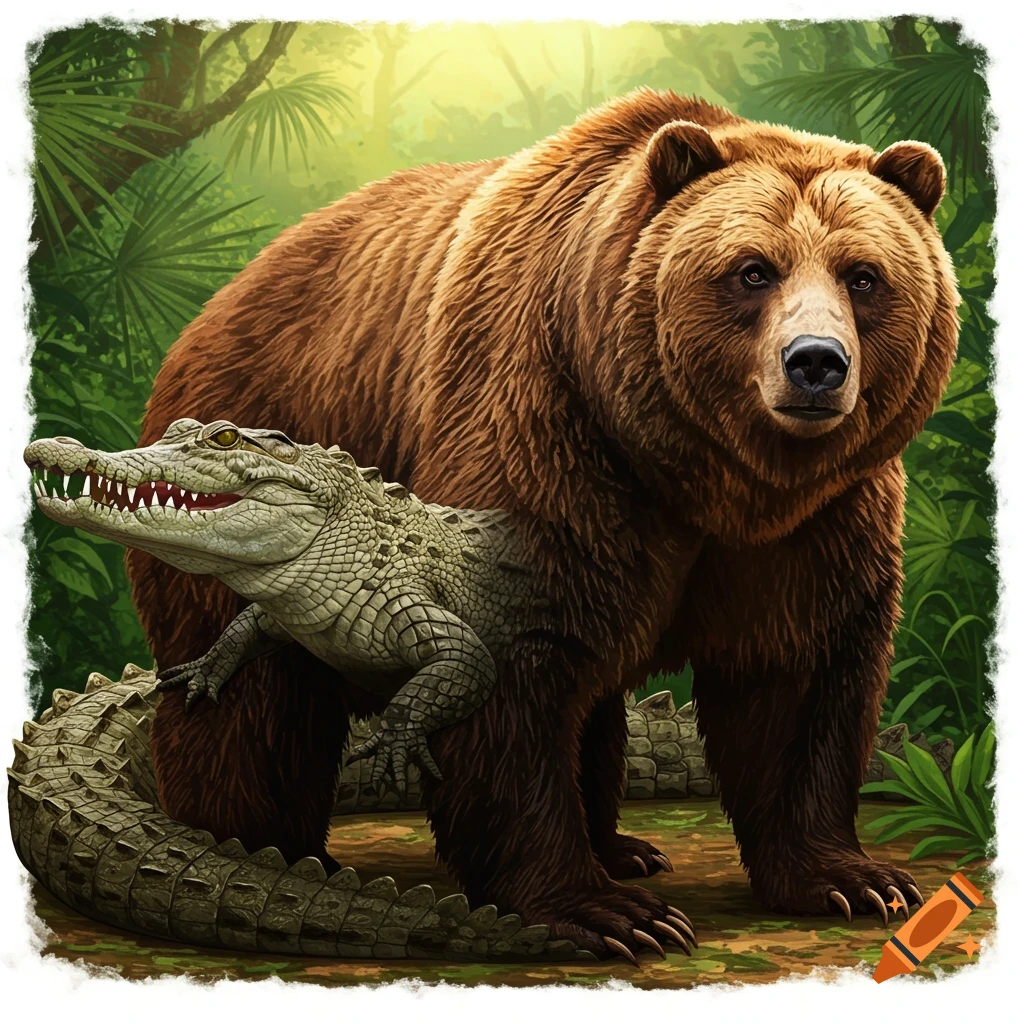 A bear and a crocodile are in a jungle.