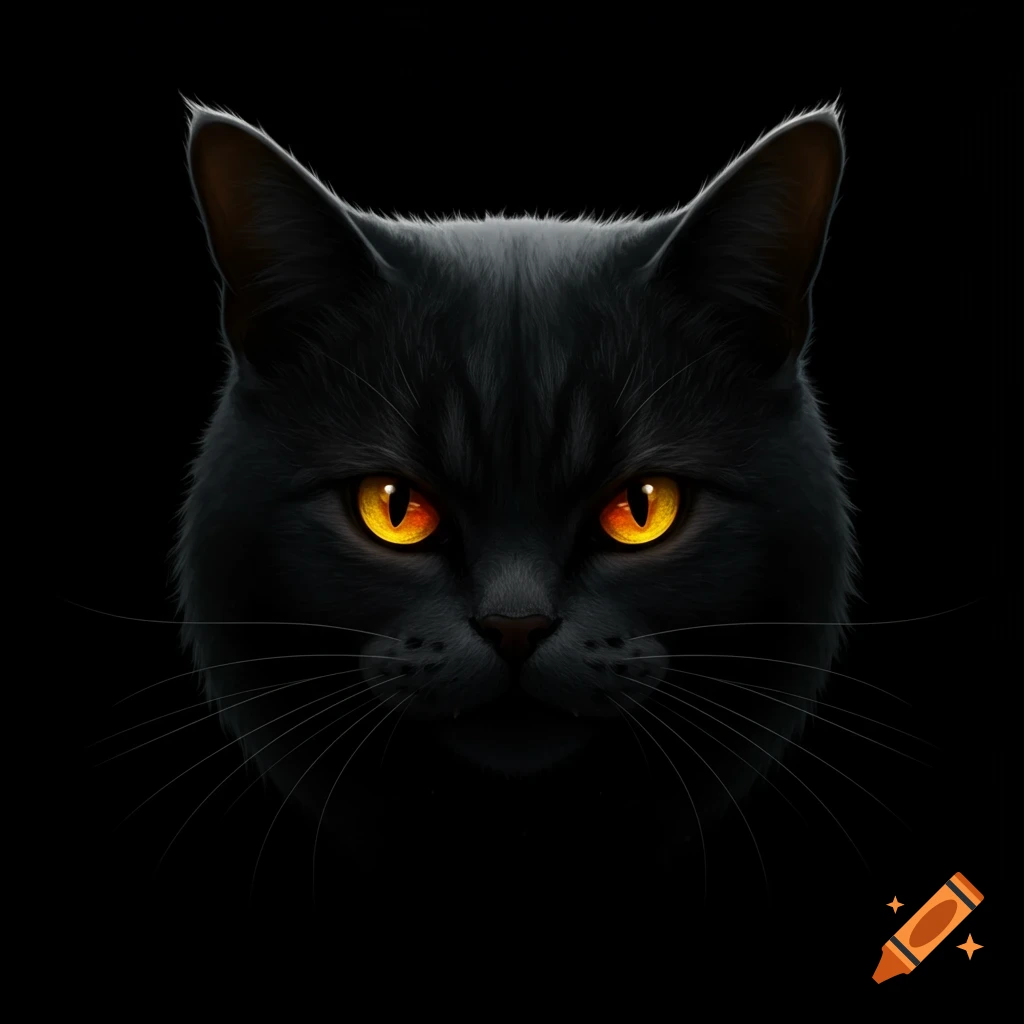 Close-up portrait of a black cat with intense glowing yellow eyes in the dark.