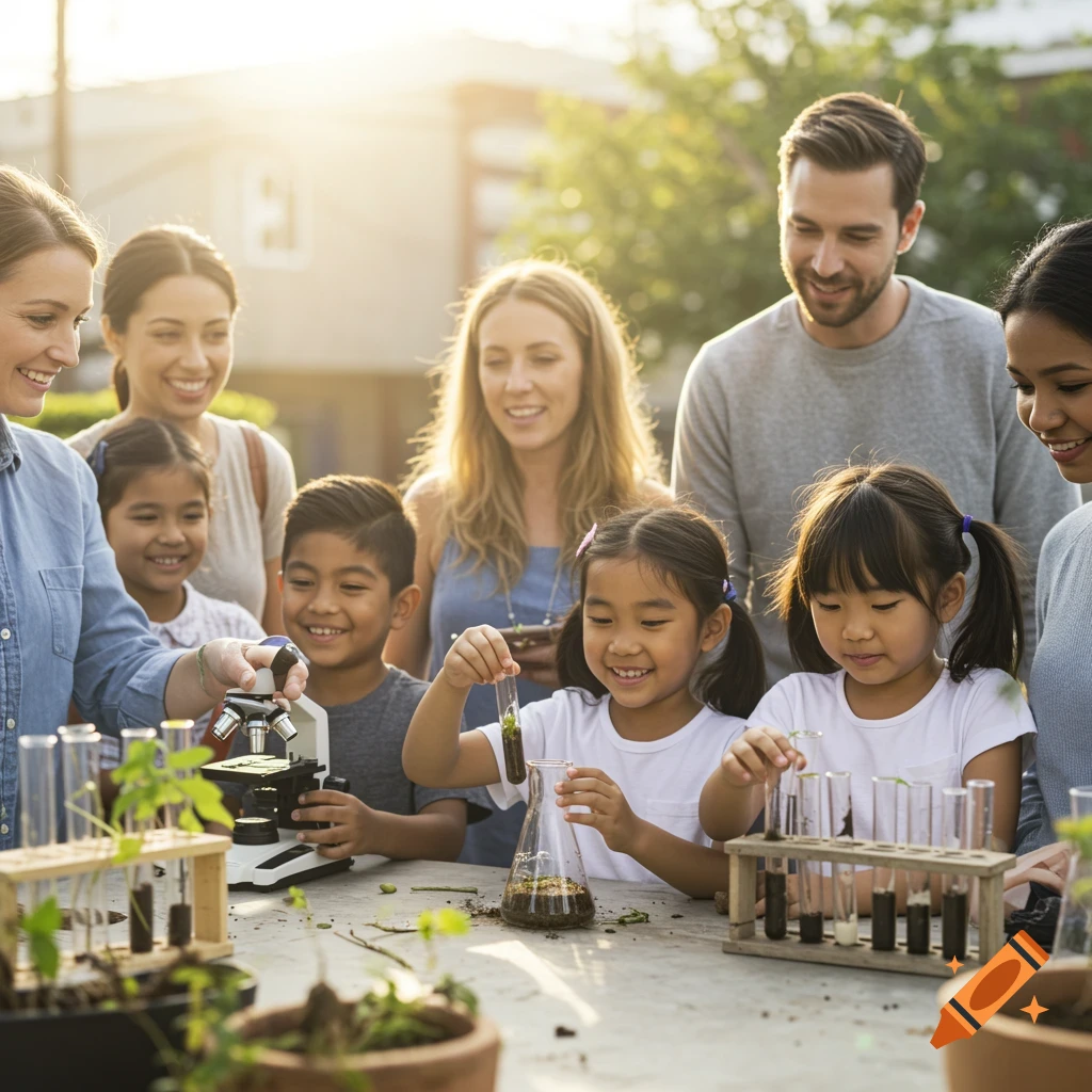 Diverse group of adults and children doing a science experiment outdoors with microscopes and test tubes.