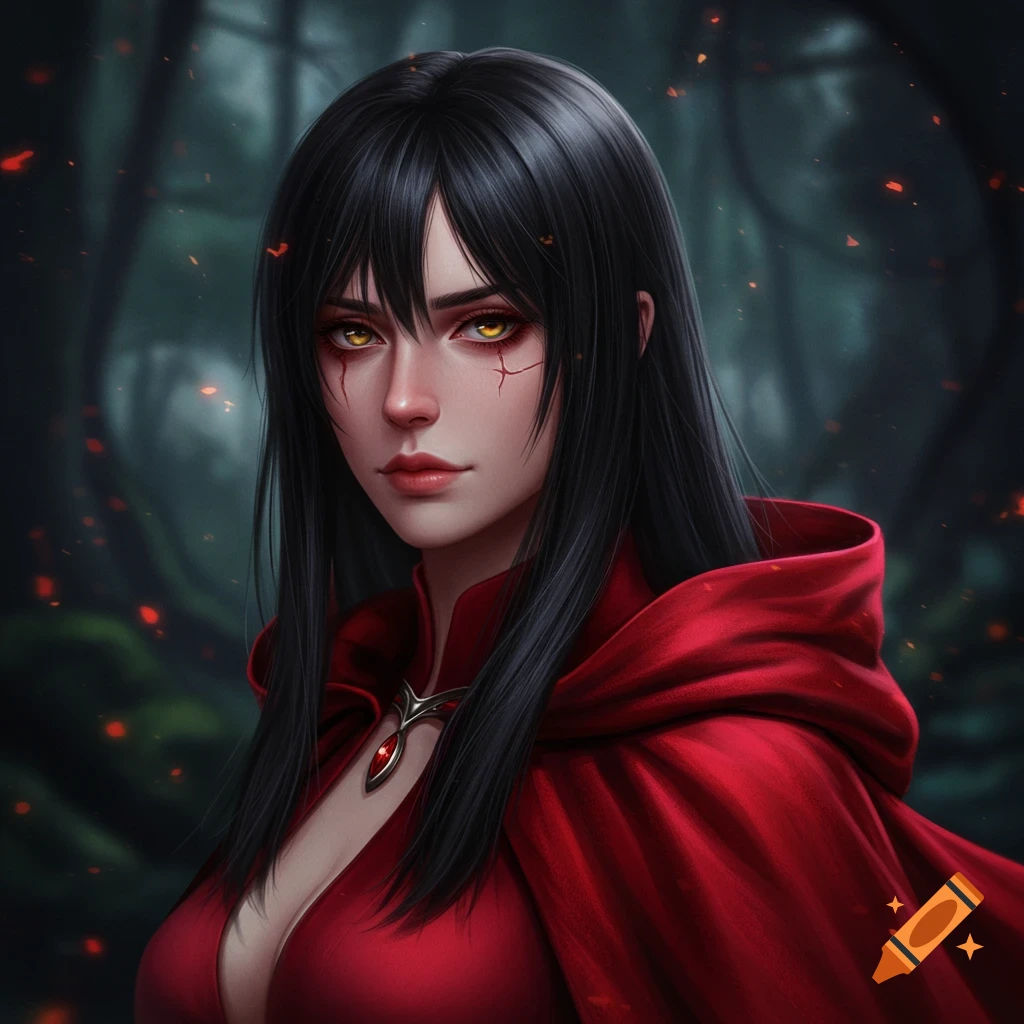 Realistic anime portrait of a woman with black hair, yellow eyes, and marks around her eyes, wearing a red cloak in a forest.