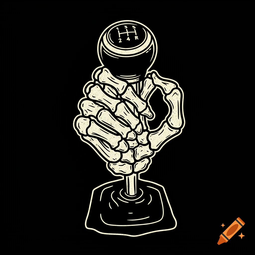 Stylized illustration of a skeletal hand gripping a manual gear shifter with a shift pattern.