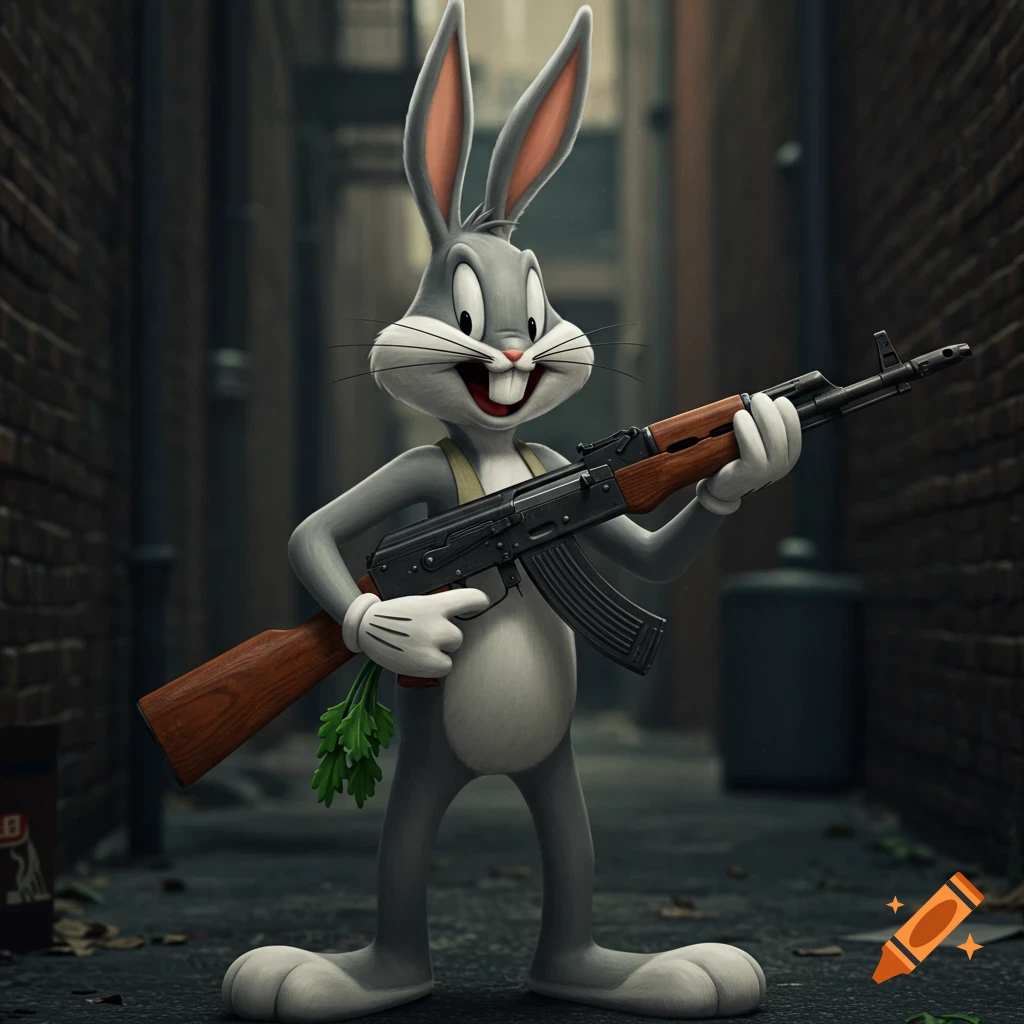 Bugs Bunny holds an AK-47 assault rifle in a dark alley.