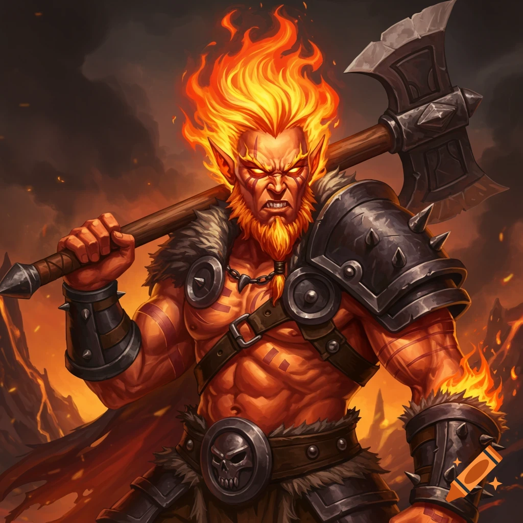 Angry fire genasi barbarian holding an axe.