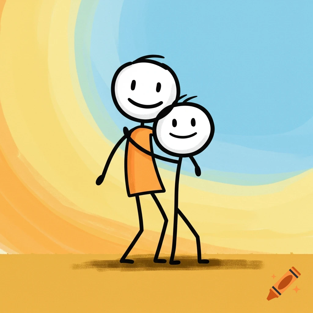 Simple illustration of two stick figures, one holding the other around the shoulders, against a gradient background.