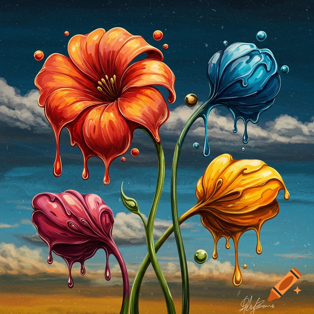 Surreal melting red, blue, pink, and yellow flowers under a cloudy sky.