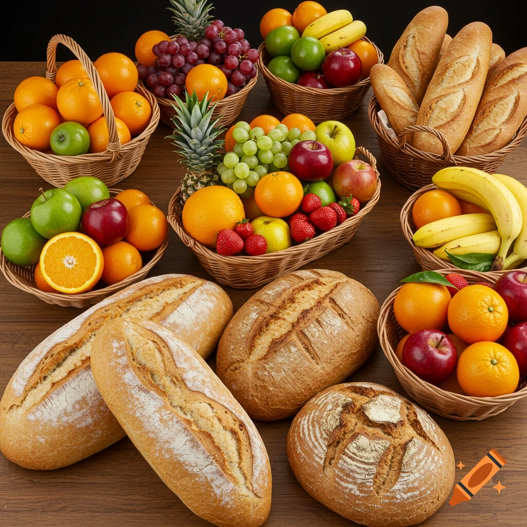 A still life photo showing several baskets filled with various fruits like oranges, grapes, apples, and strawberries, next to several loaves of bread on a wooden surface.