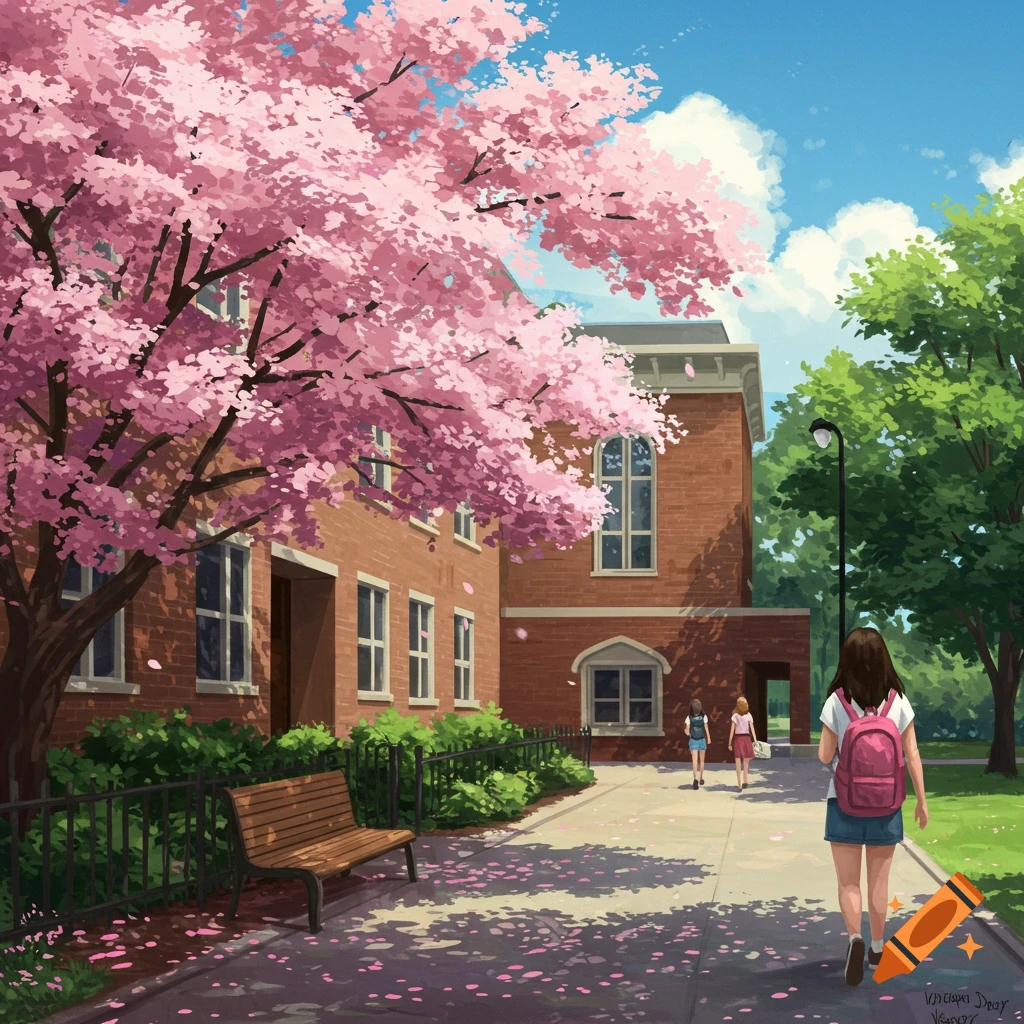 Anime style depiction of students walking on a sunny campus path under a large cherry blossom tree in bloom.