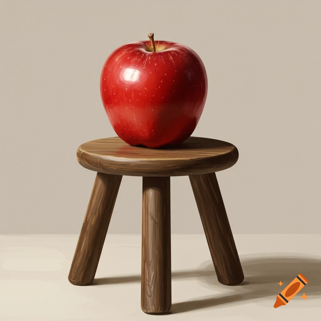 A red apple sits on a small wooden stool.