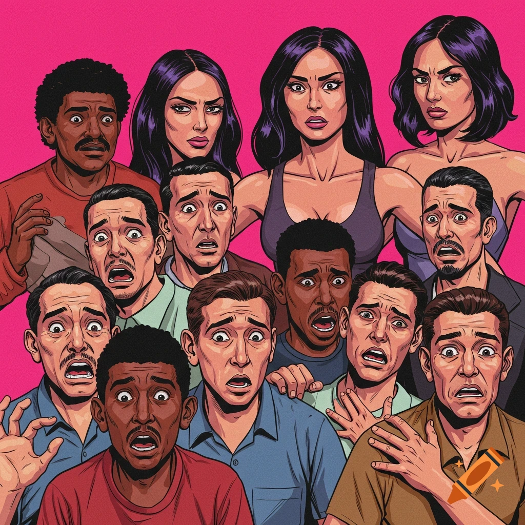 A group of diverse people are depicted with shocked expressions.