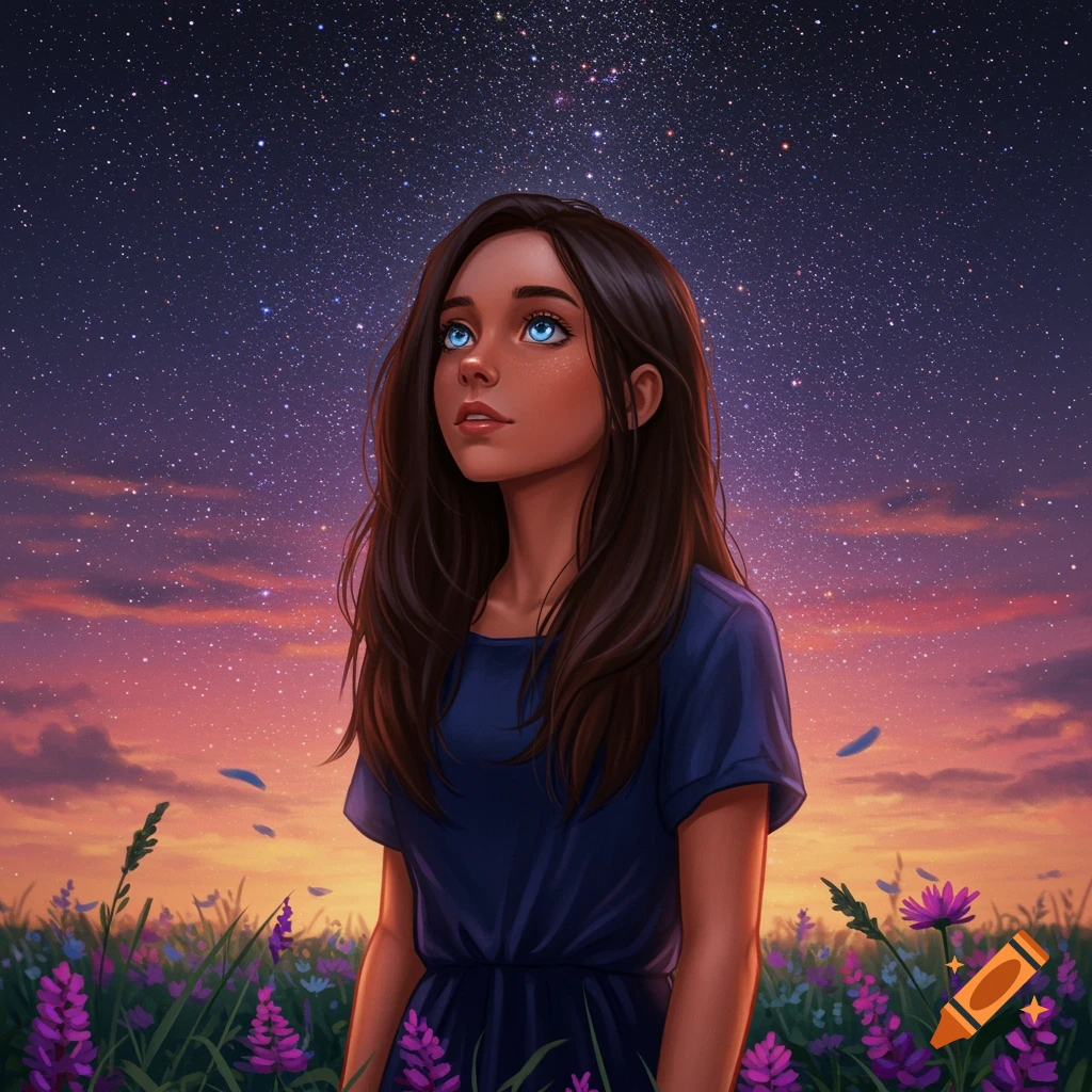 A girl with blue eyes looks up at a starry night sky in a field of purple flowers.