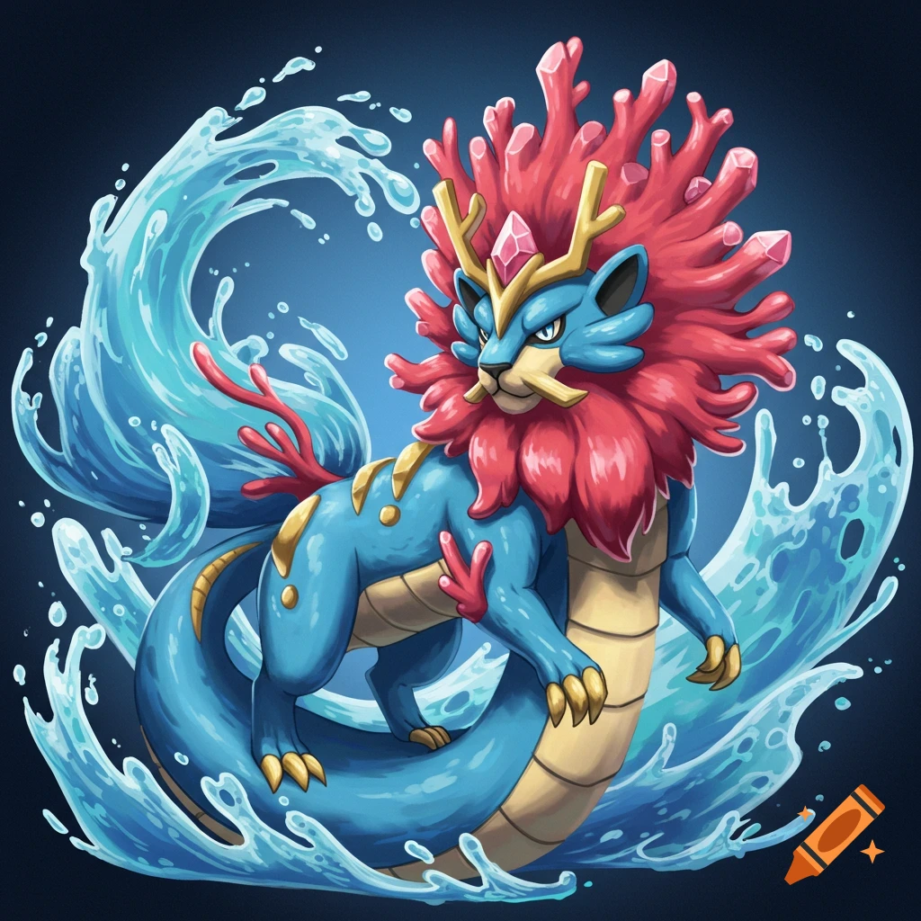 A blue creature with a red coral and crystal mane splashing in water.