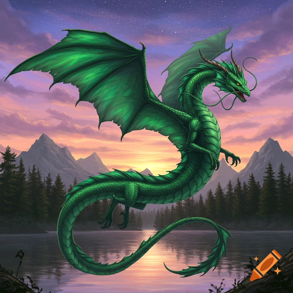 A green serpentine dragon flies over a lake at sunset.
