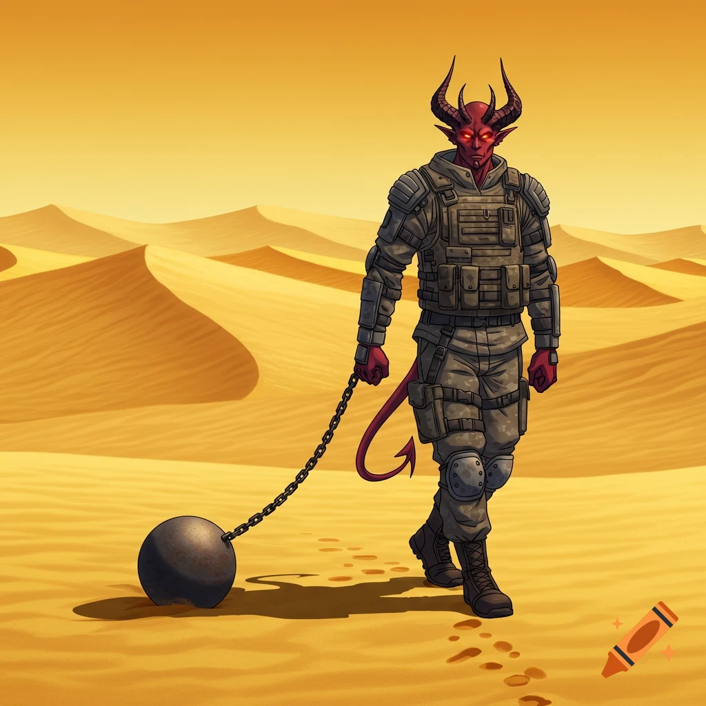 A red-skinned demon in military gear walks through sand dunes, pulling a ball and chain. Anime style.