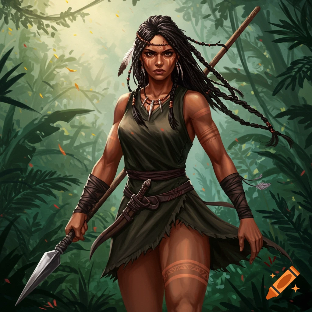 Painting of a female warrior with a spear in a jungle.
